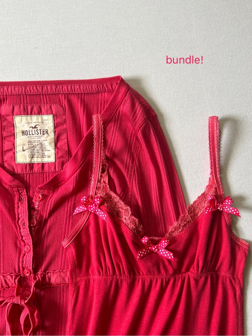 Y2K Rare HollisterAbercrombie Fuchsia Pink Lace Henley Cami Fall Layering TopSet